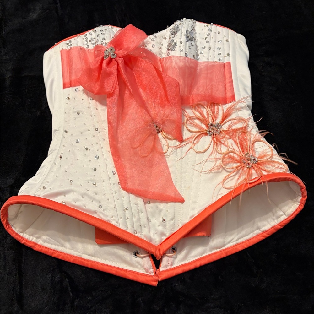 White Corset Top with Coral Trim & Rhinestone Embellishments